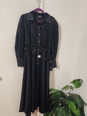 Terramina Black Embellished Button-Front Maxi Dress with Belt